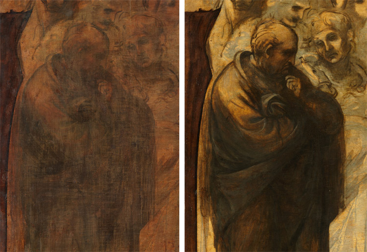 Dettaglio: la presunta figura di Isaia prima e dopo il restauro