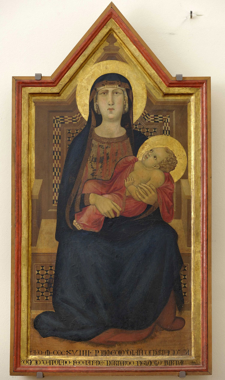 Ambrogio Lorenzetti, Madonna col Bambino in trono (1319; tempera e oro su tavola, 148,5 x 78 cm; San Casciano in Val di Pesa, Museo d’Arte Sacra “Giuliano Ghelli”)
