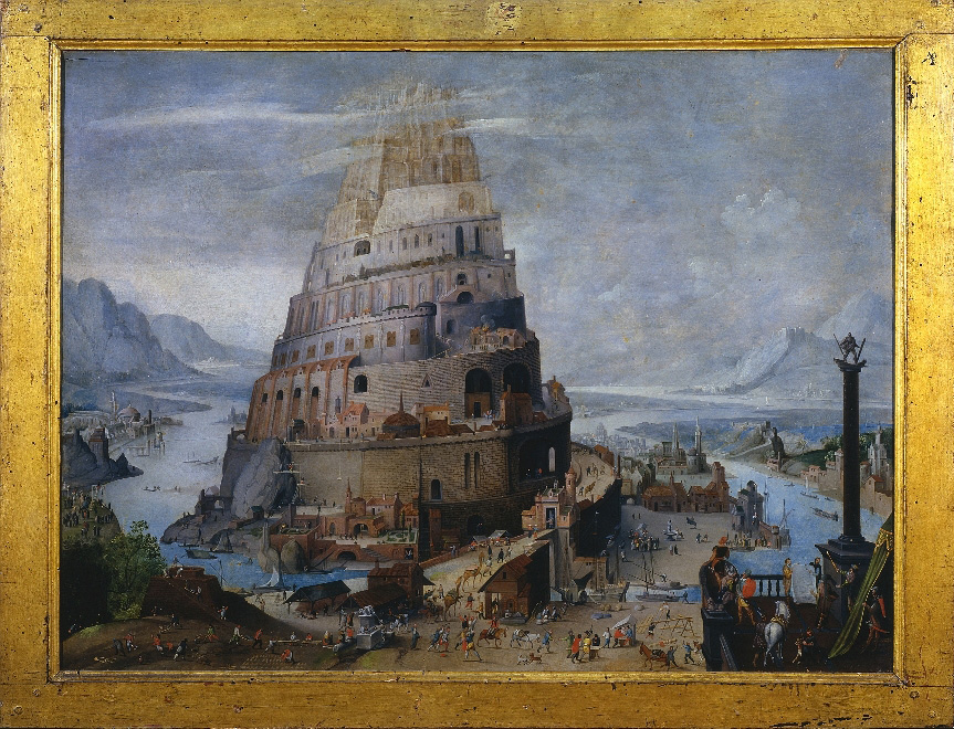 Ambito di Abel Grimmer, La Torre di Babele (fine del secolo XVI – inizio del secolo XVII; olio su tavola, 49,9 x 66,5 cm; Siena, Collezione Piccolomini Spannocchi) 