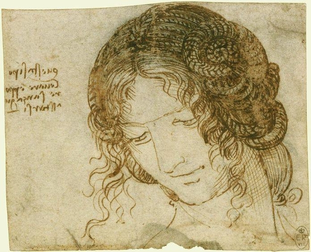 Leonardo da Vinci, Studio per l’acconciatura di una donna (1504-1506 circa; penna e inchiostro su carta bianca, 92 x 112 mm; Windsor Castle, Royal Library) 