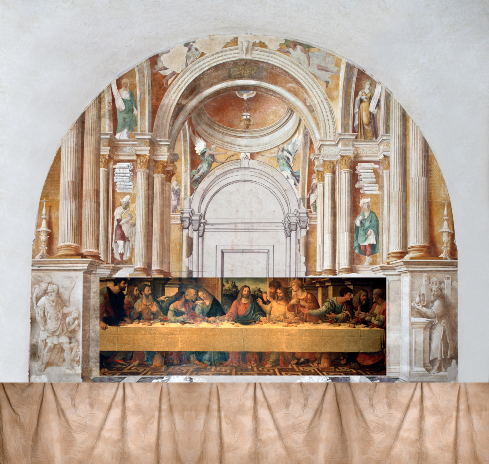 Correggio, Ambientazione architettonica del Cenacolo di Girolamo Bonsignori (1514 circa; affresco e interventi a secco, 1170 x 1135 cm; San Benedetto Po, Refettorio Grande) 