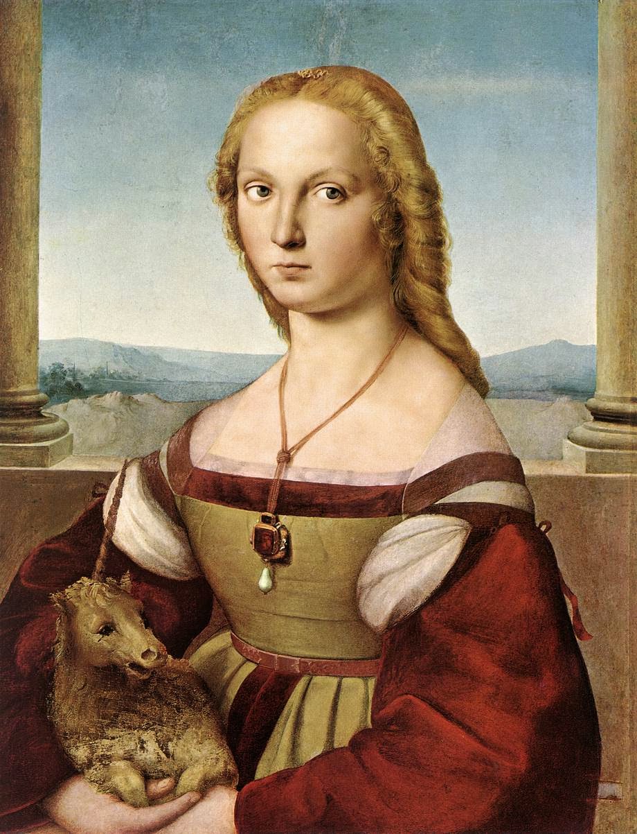 Raffaello, Dama col liocorno (1505-1507 circa; olio su tavola, 65 x 51 cm; Roma, Galleria Borghese)