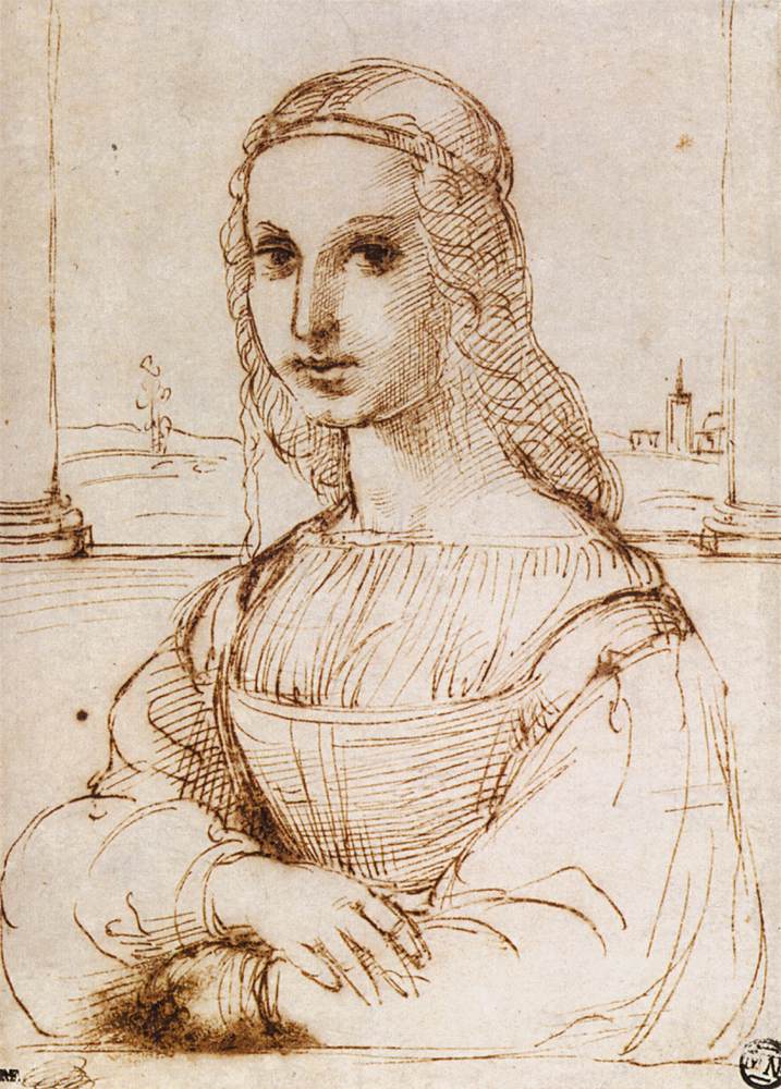 Raffaello, Ritratto femminile (1505-1507 circa; penna, inchiostro marrone e tracce di gessetto nero su carta, 222 x 159 mm; Parigi, Louvre, Département des Arts Graphiques)