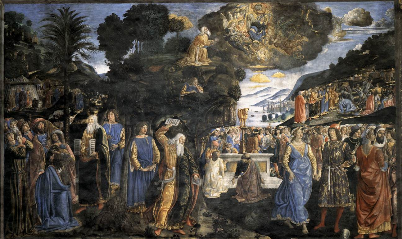 Cosimo Rosselli, Le tavole della legge e il vitello d'oro (1481-1482; affresco, 350 x 572 cm; Città del Vaticano, Cappella Sistina)
