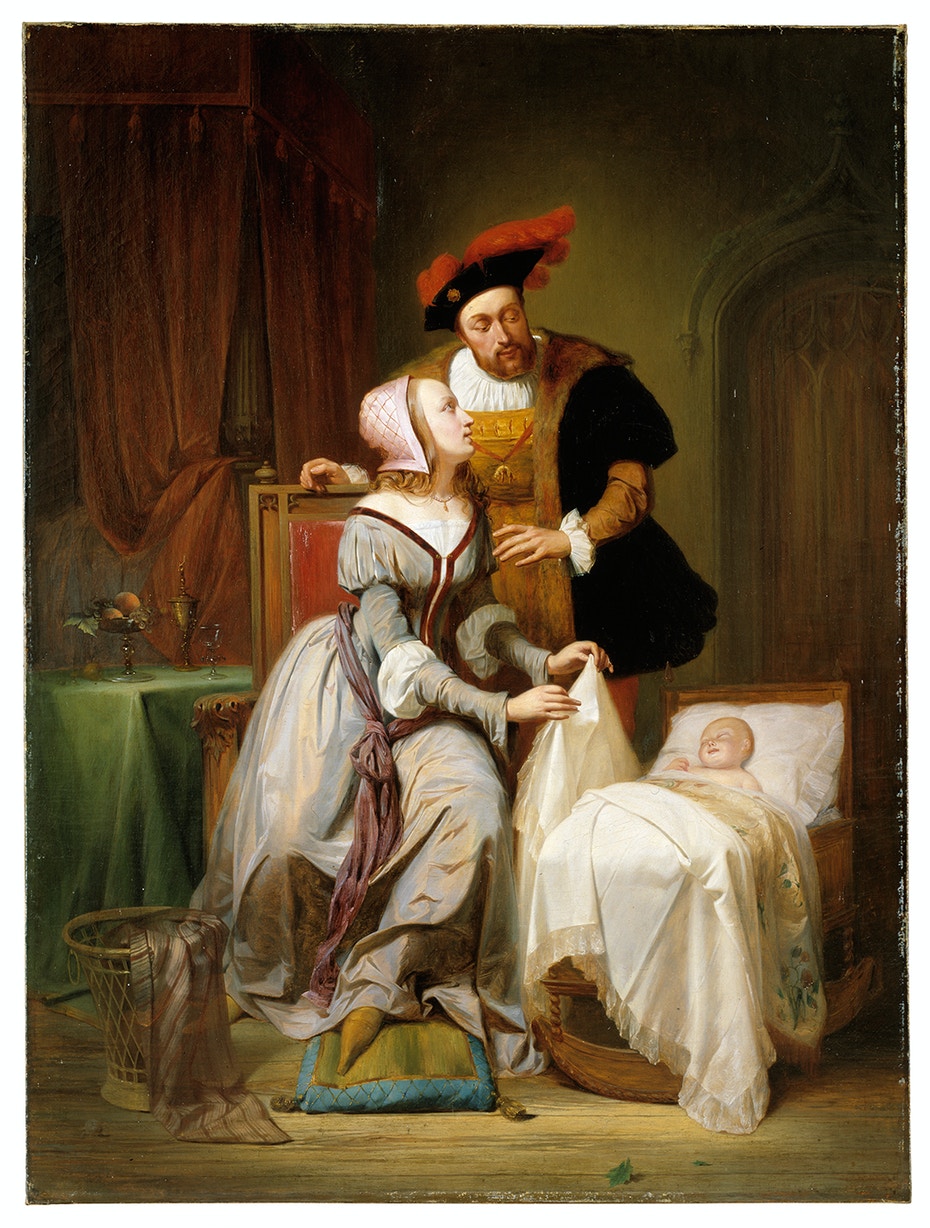 Théodore Joseph Canneel, L'imperatore Carlo V e Giovanna van der Gheynst con la loro figlia Margherita nella culla (1844; olio su tela, 108,2 x 80,5 cm; Gent, Museum voor Schone Kunsten)
