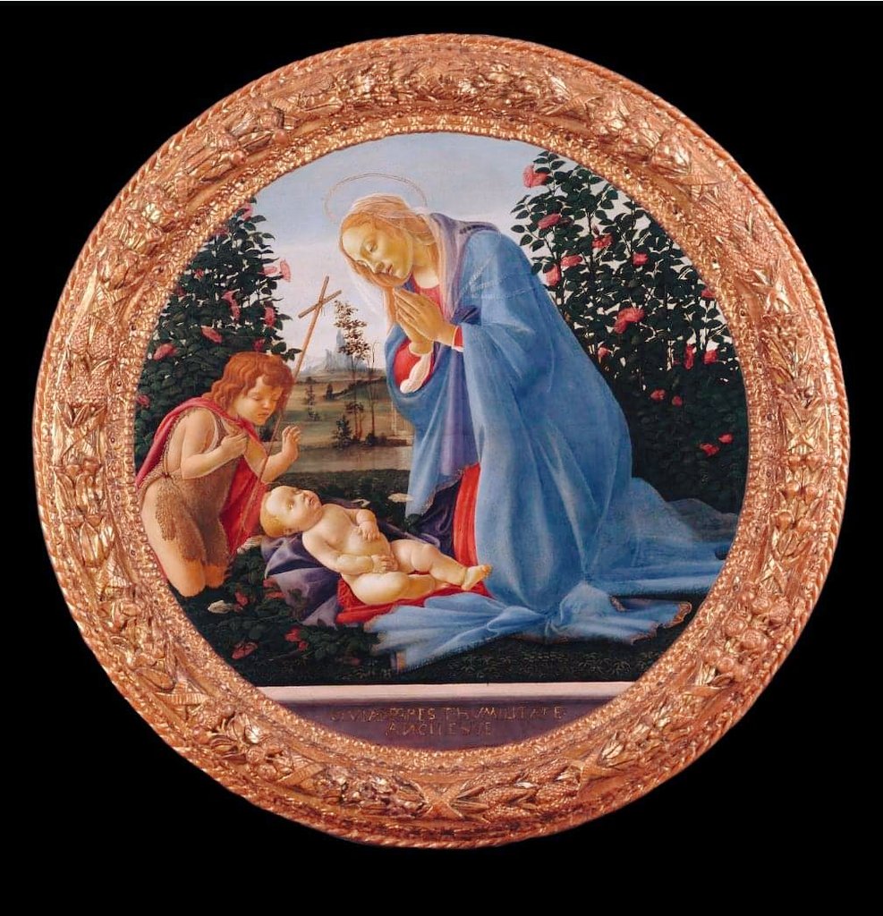 Sandro Botticelli, Madonna adorante il Bambino con San Giovannino (1475-1480 circa; tempera su tavola; Piacenza, Musei Civici di Palazzo Farnese)
