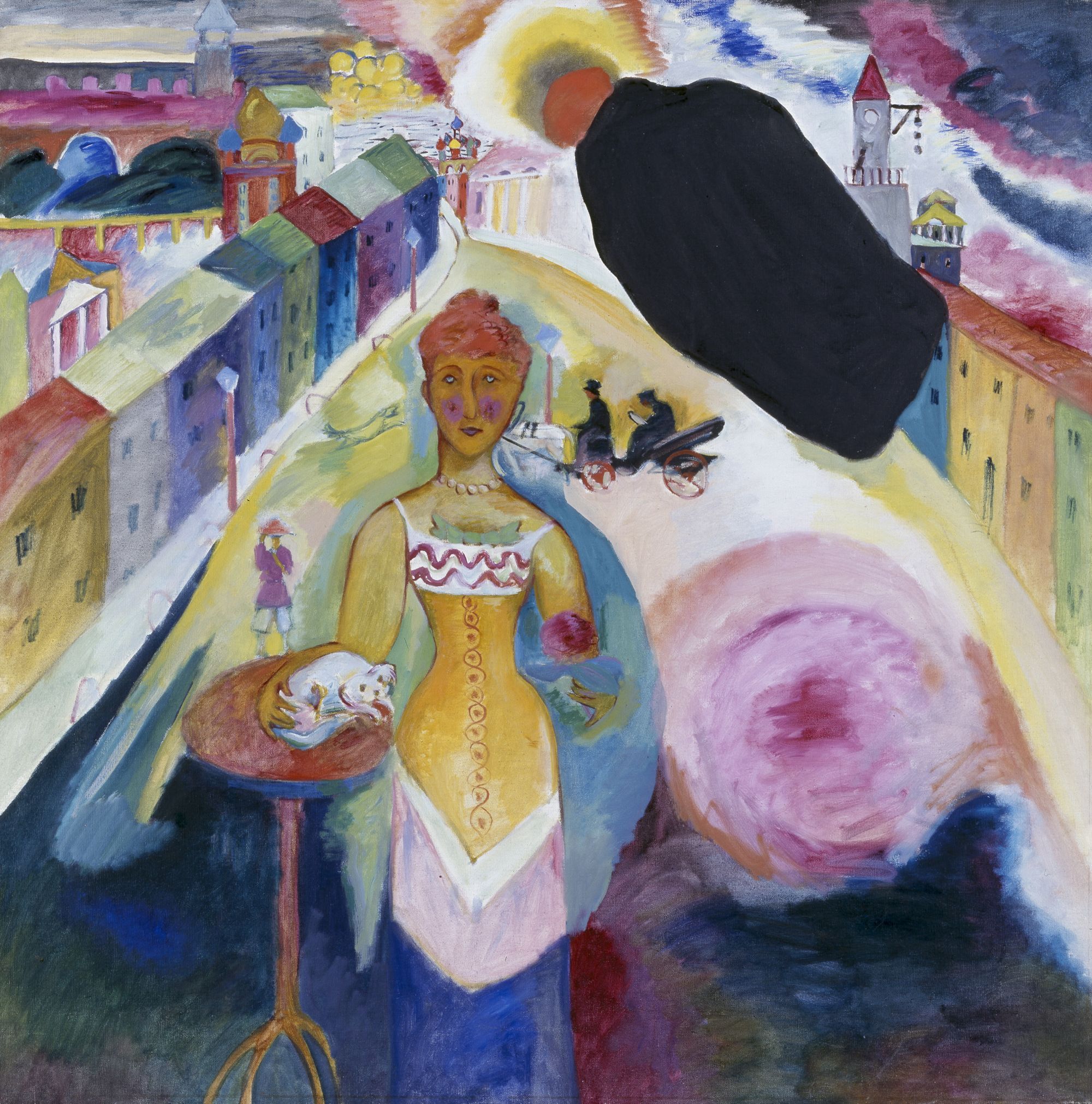 Vasilij Kandinskij, Dama a Mosca (1912; olio su tela, 108,8 x 108,8 cm; Monaco di Baviera, Städtische Galerie im Lenbachhaus) 