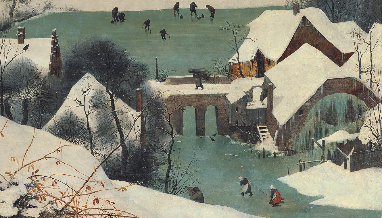 Pieter Bruegel, Cacciatori nella neve, dettaglio del mulino in primo piano
