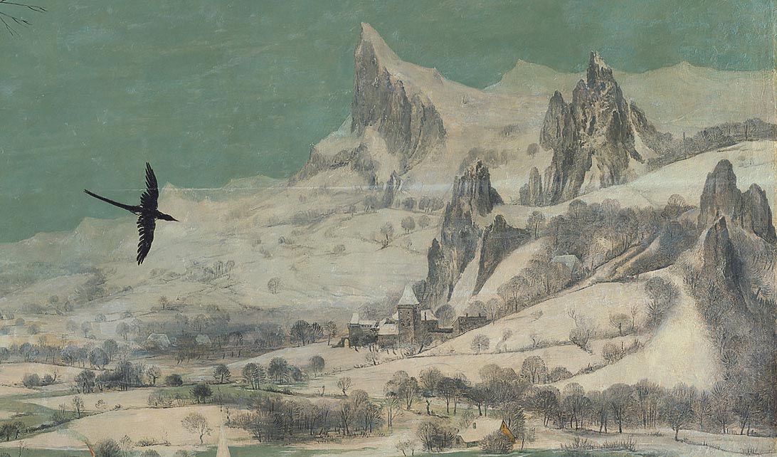 Pieter Bruegel, Cacciatori nella neve, dettaglio delle montagne
