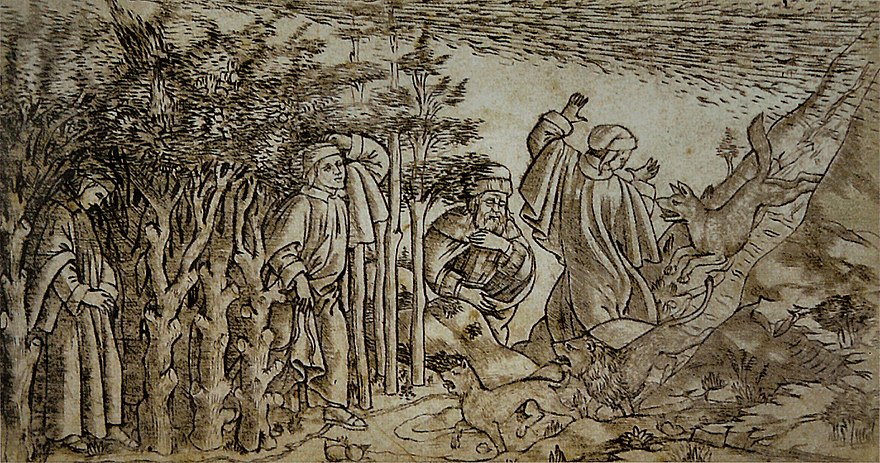 Baccio Baldini (su disegno di Sandro Botticelli), Dante minacciato dalle belve viene salvato da Virgilio (1481; stampa a bulino; Firenze, Biblioteca Riccardiana)
