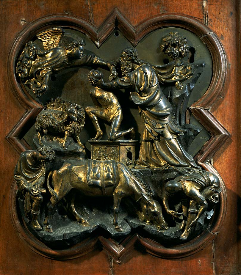 Filippo Brunelleschi, Sacrificio di Isacco (1401; bronzo, 45 x 38 cm; Firenze, Museo Nazionale del Bargello)
