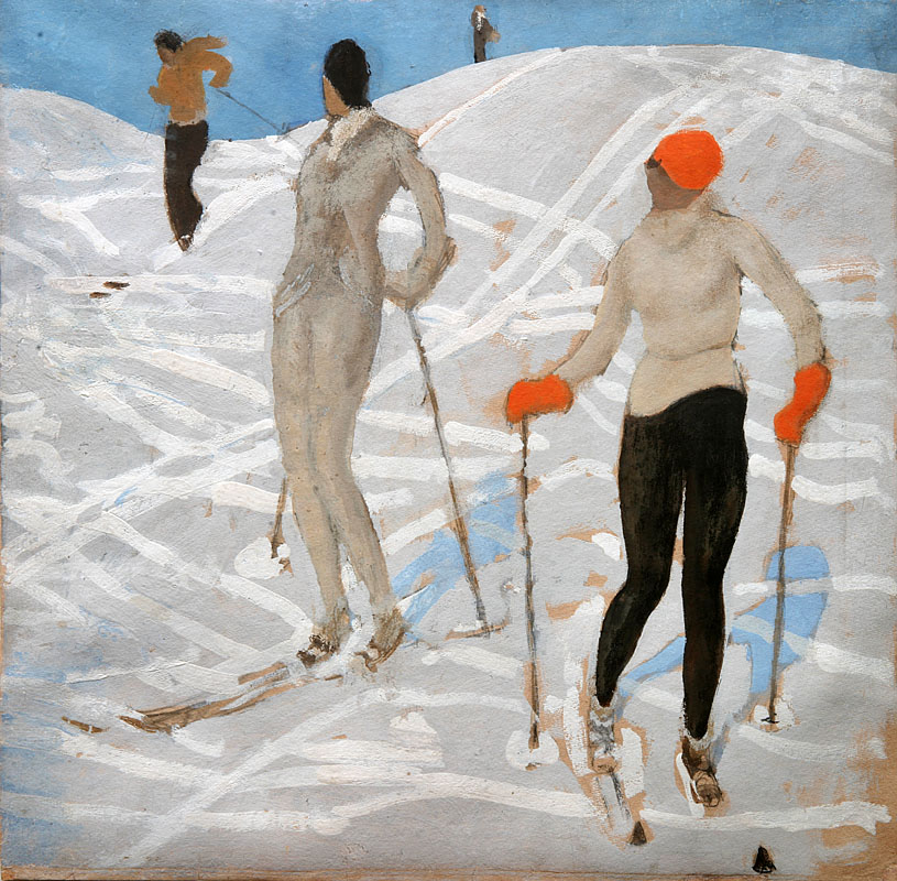 Alfons Walde, Zwei Schifahrerinnen (1934; tempera su cartone, 34 x 34 cm; Kitzbühel, Museum Kitzbühel) 