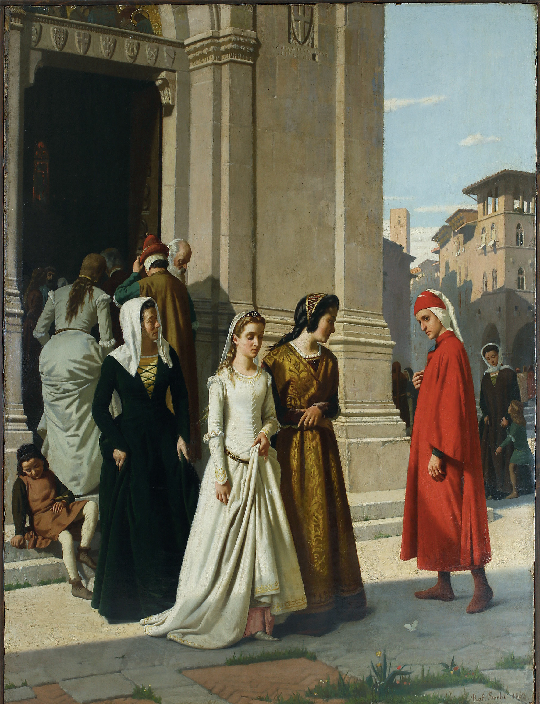 Raffaello Sorbi, Dante che incontra Beatrice (1863; olio su tela, 98,5 x 76,3 cm; Collezione privata)
