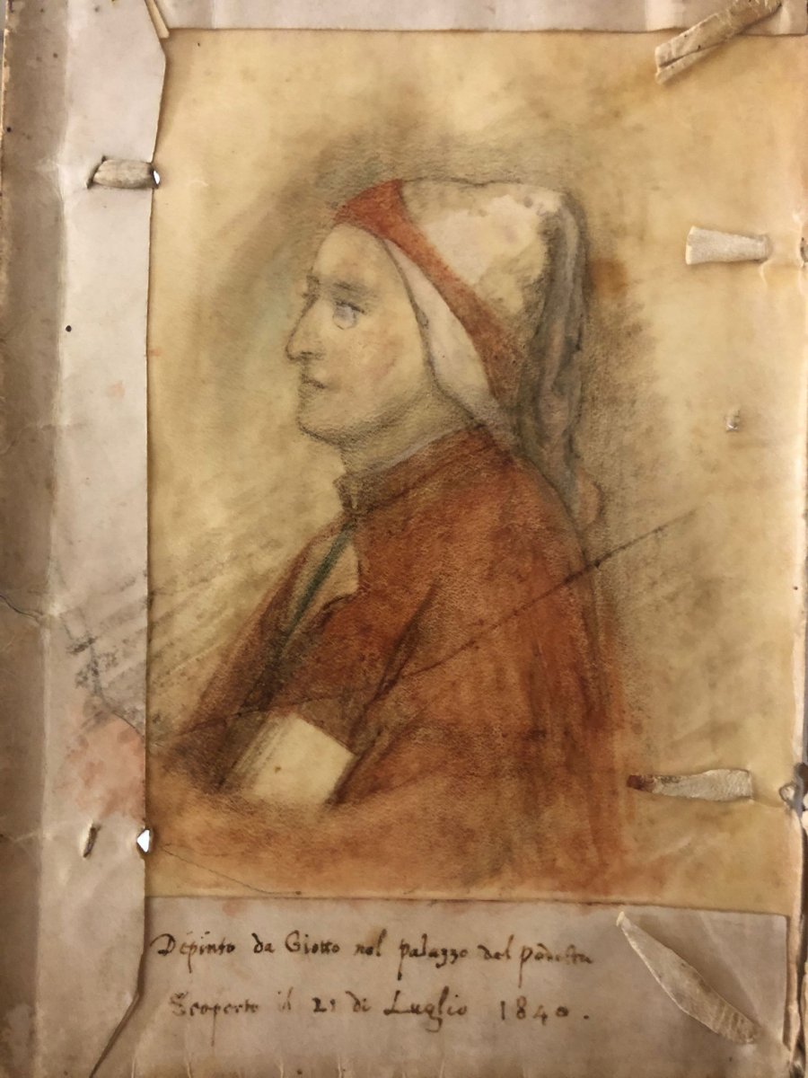 Seymour Kirkup, Ritratto di Dante dall'affresco nella cappella del Bargello (1840; matita e penna su pergamena, 160 x 112 mm; Firenze, Museo Nazionale del Bargello)
