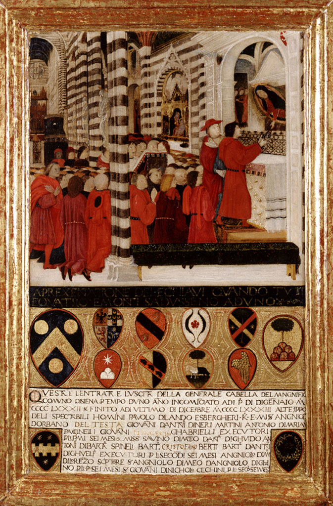 Pietro di Francesco Orioli (?), Offerta delle chiavi della città alla Vergine, Biccherna n. 41 (1483; Siena, Museo delle Biccherne)
