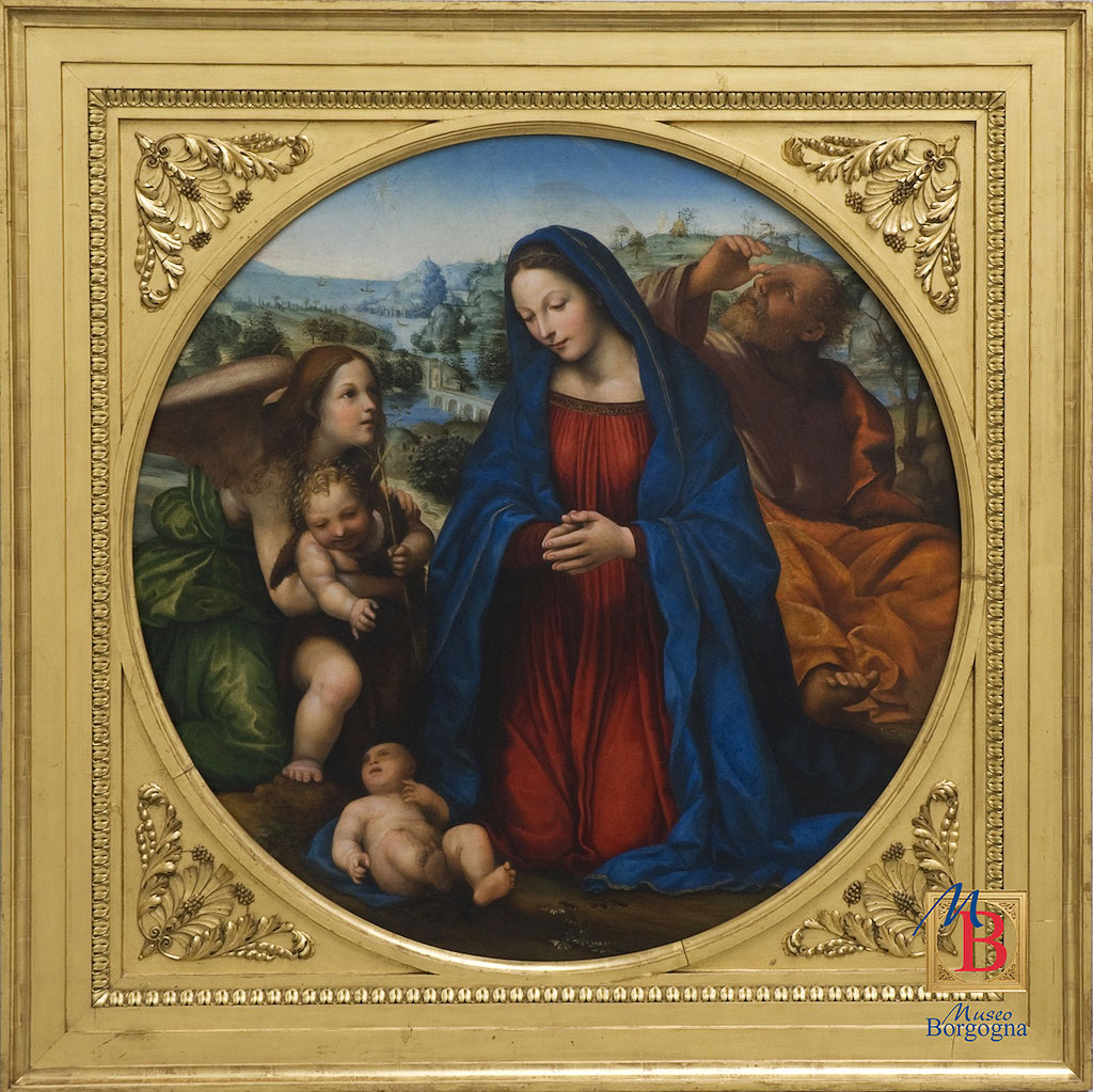 Giovanni Antonio Bazzi detto il Sodoma, Sacra famiglia con angelo e san Giovannino (1510-1520; tavola, diametro 98 cm; Vercelli, Museo Borgogna)
