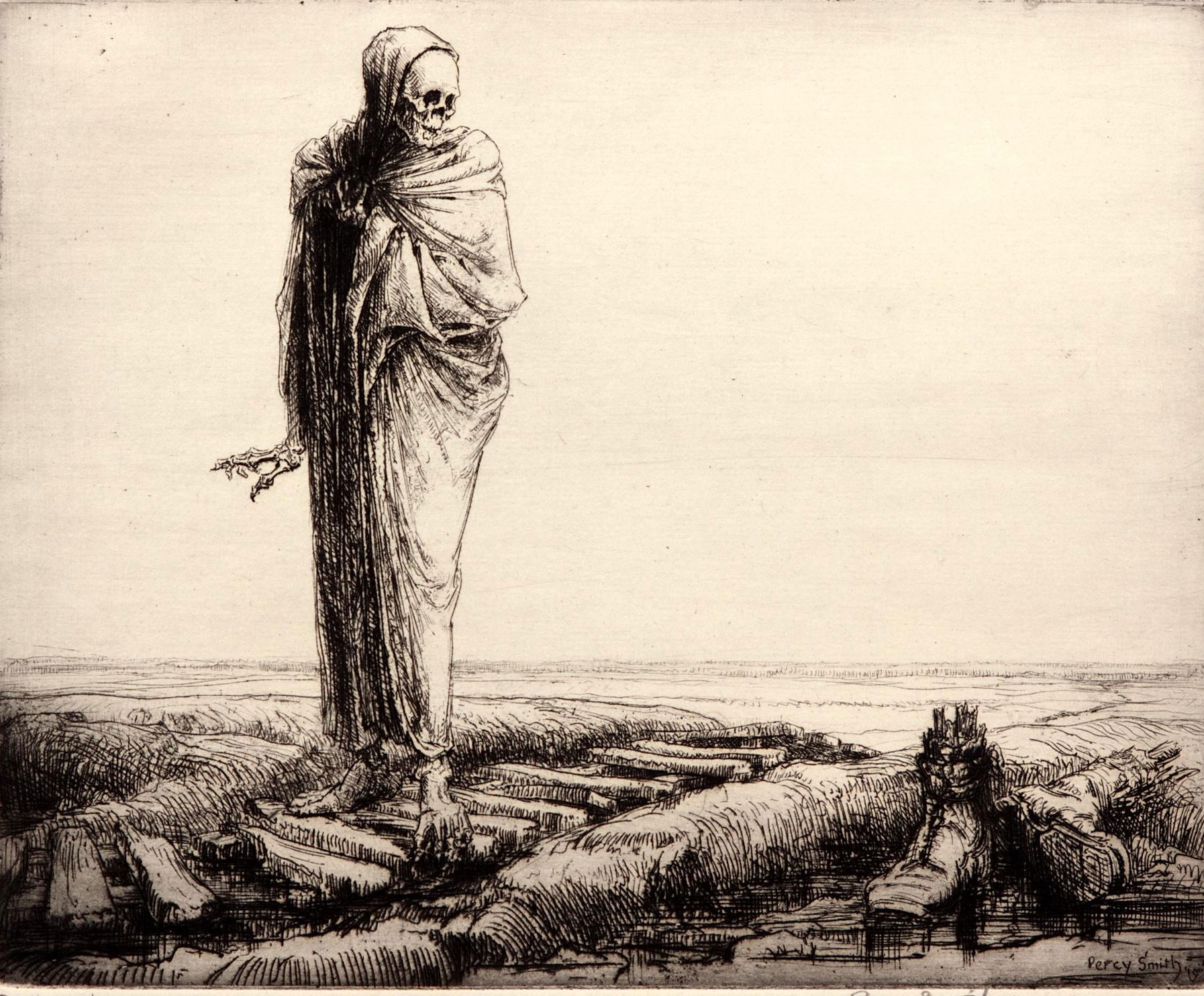 Percy Delf Smith, The Dance of Death: Death awed [La Danza della Morte: La Morte è sbalordita] (1919; acquaforte e puntasecca su carta, 275 x 332 mm; Londra, The Imperial War Museum, inv. IWM ART 16640-2) 