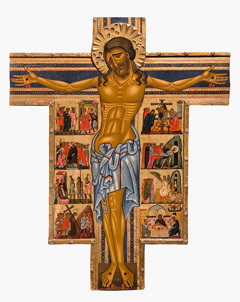 Maestro della Croce 434, Crocifisso con otto storie della Passione o Croce 434 (1240-1245 circa; tempera e oro su tavola, 250 x 200 cm; Firenze, Gallerie degli Uffizi, inv. 1890 n. 434) 
