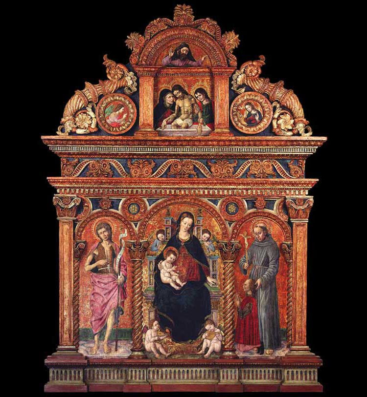 Maestro della cappella di Santa Margherita a Crea, Polittico Scarognino (1485-1486 circa; tempera su tavola, legno intagliato, dipinto e dorato; Varallo, Pinacoteca Civica) 