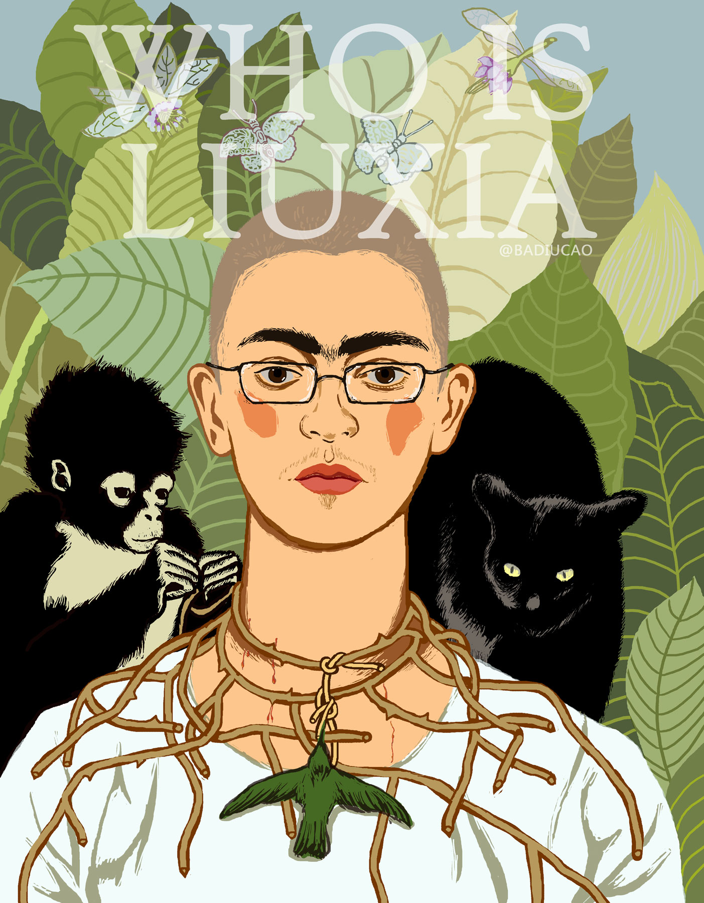 Badiucao, Who Is Liu Xia / Frida, dalla serie Art for Liu Xia (2018; stampa digitale su bandiera, 170 x 130 cm) 