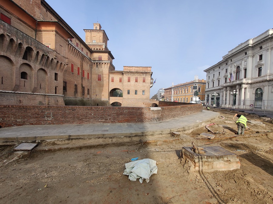 Ferrara, sections of the medieval walls resurface in front of the Estense Castle