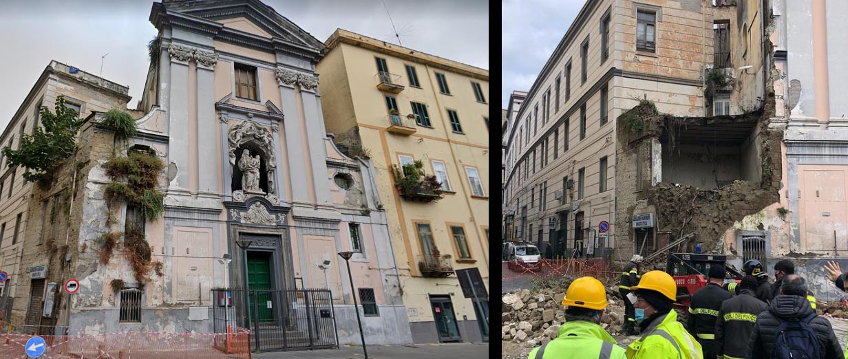 Napoli, crollo parziale della facciata del Rosariello, importante chiesa del '600