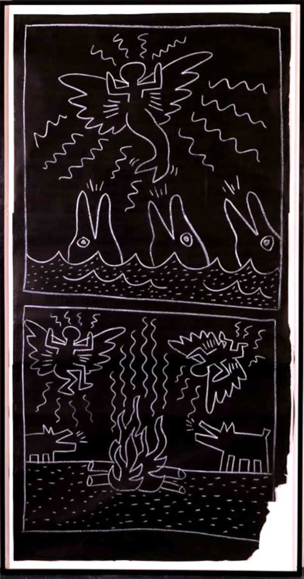 Keith Haring, Senza titolo (1982; gesso su carta, 223,52 x 114,3 cm; New York, The Keith Haring Foundation) 
