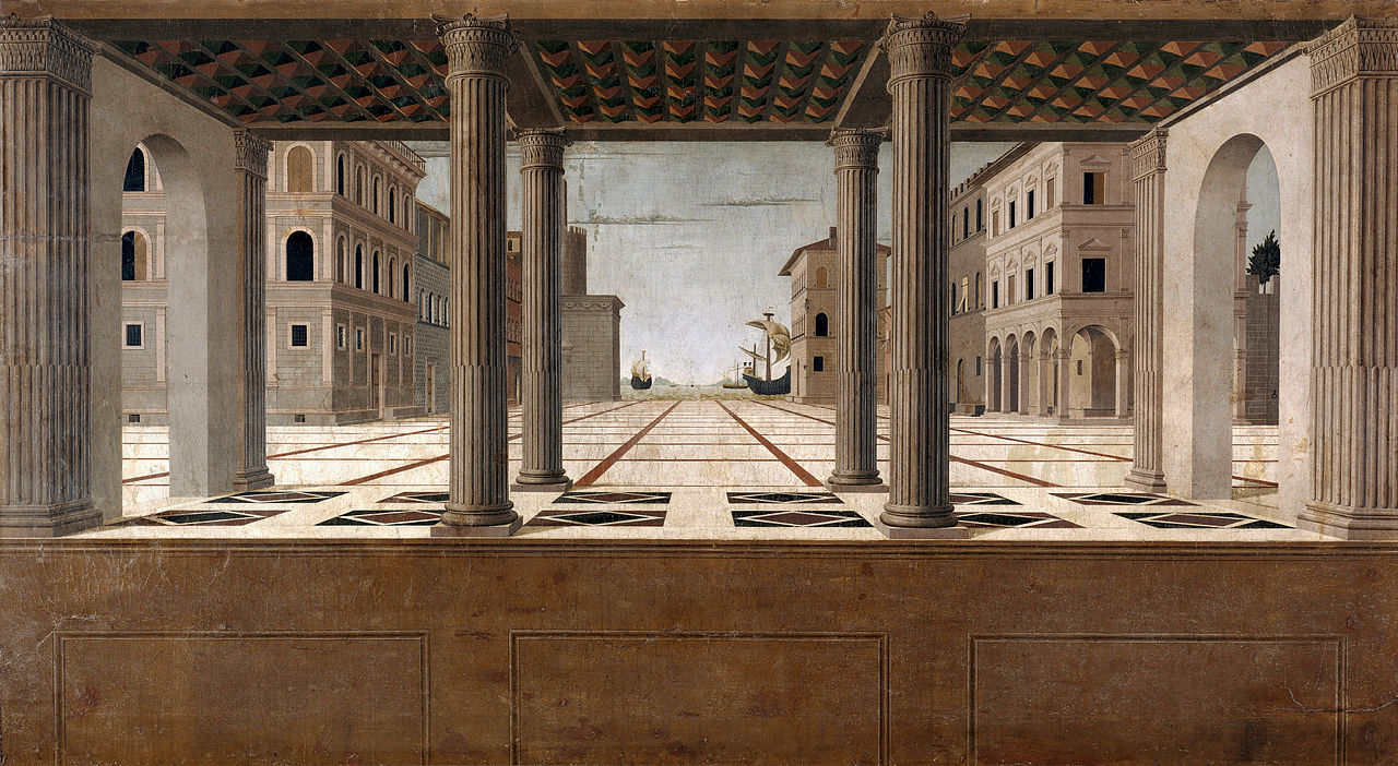 Pittore ignoto (Francesco di Giorgio Martini?), Città ideale (1495 circa; olio su tavola, 131 x 233 cm; Berlino, Gemäldegalerie)
