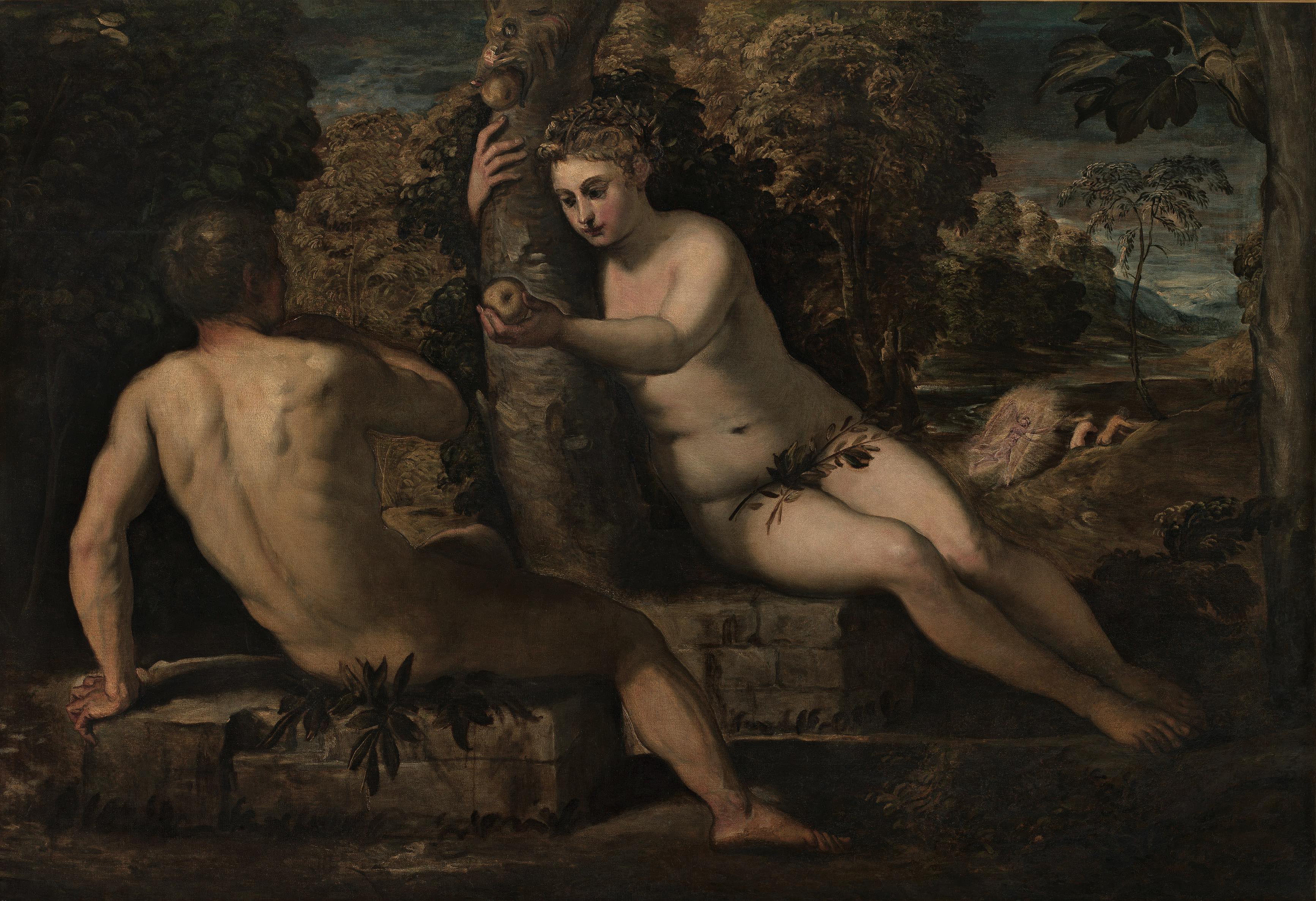 Tintoretto, La tentazione di Adamo ed Eva (1550-1553 circa; olio su tela, 150 x 220 cm; Venezia, Gallerie dell'Accademia)
