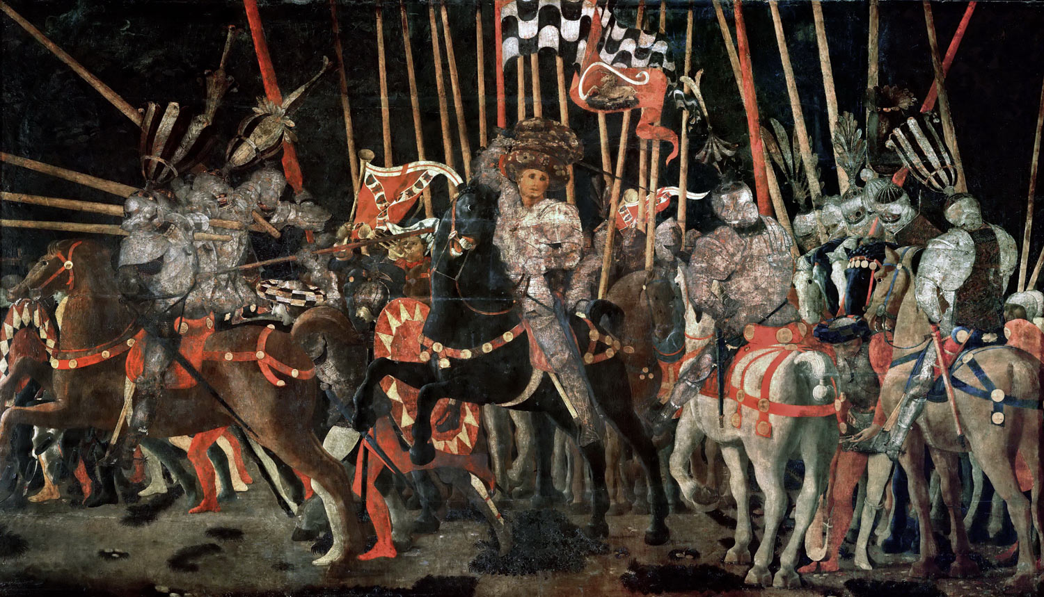 Paolo Uccello, La Battaglia di San Romano, L’intervento di Micheletto da Cotignola (1438- 1440 circa; tempera su tavola, 182 x 317 cm; Parigi, Louvre)
