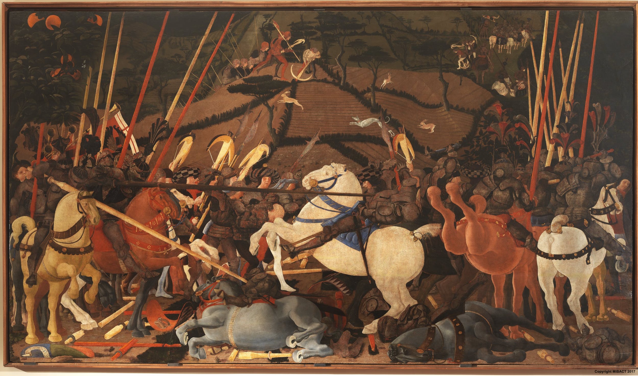 Paolo Uccello, La Battaglia di San Romano, Il disarcionamento di Bernardino della Carda (1438-1440 circa; tempera su tavola, 182 x 323 cm; Firenze, Galleria degli Uffizi)
