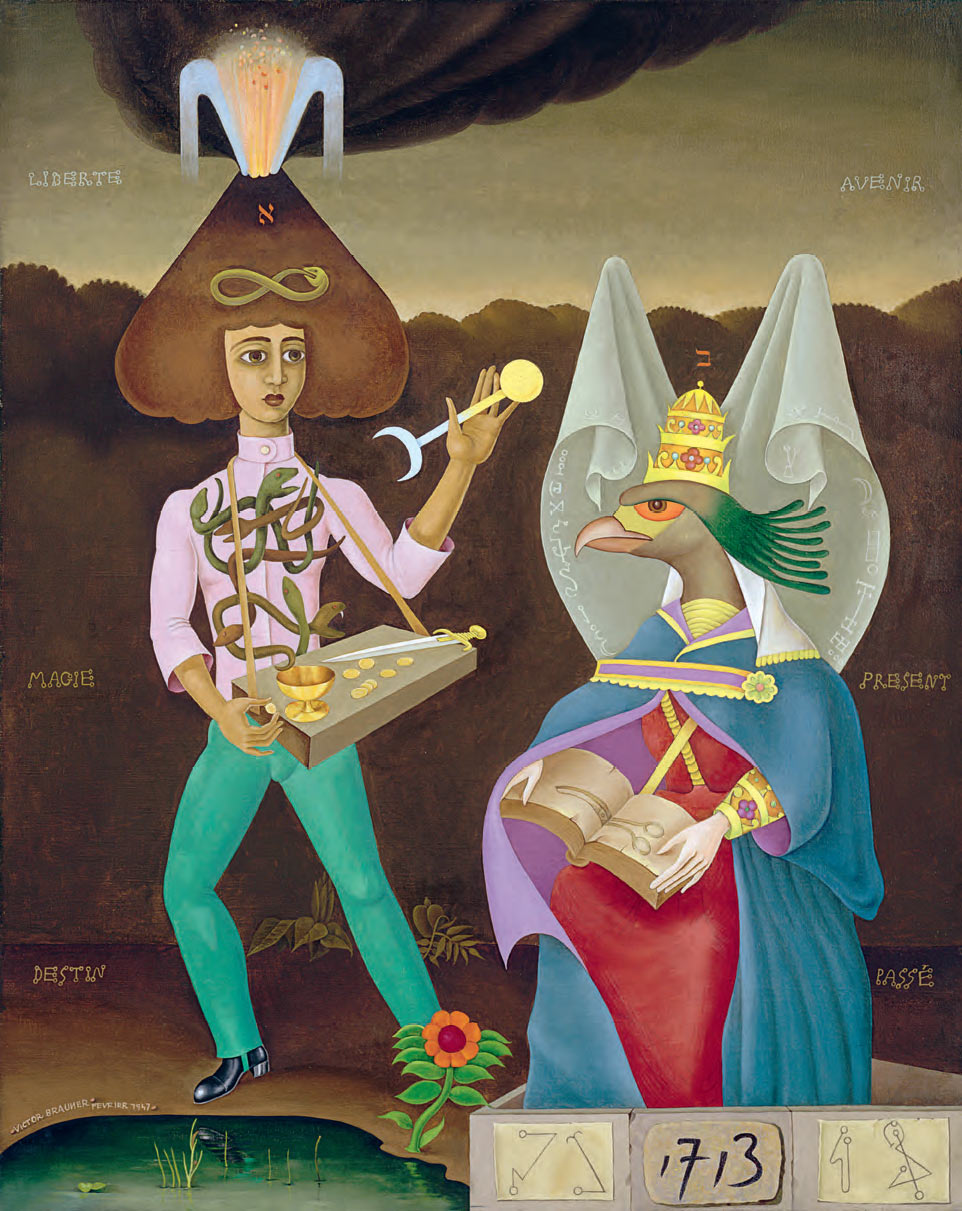 Victor Brauner, Gli amanti (1947; olio su tela, 92 x 73 cm; Parigi, Centre Pompidou, Musée national d’art moderne/Centre de création industrielle, lascito Jacqueline Victor Brauner, 1986, Inv. AM 1987.1204) 