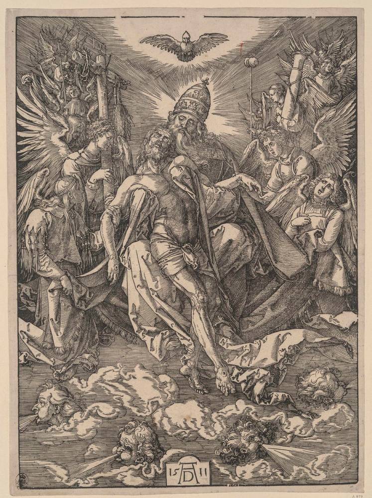 Albrecht Dürer, Gnadenstuhl (1511; xilografia, 397 x 286 mm; Dresda, Staatliche Kunstsammlungen, Kupferstich-Kabinett)

