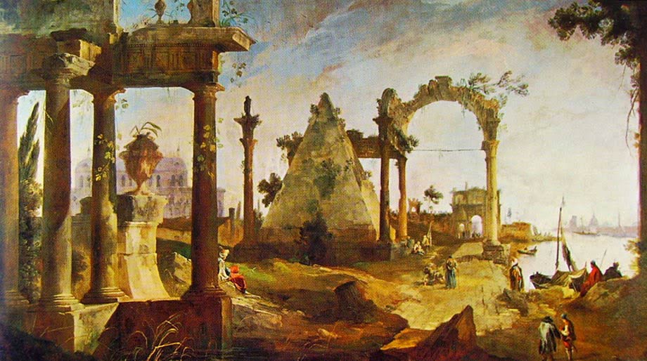 Canaletto, Capriccio con architetture classiche (già a Noventa Padovana, Villa Giovanelli; 1723; olio su tela, 178 x 322 cm; Collezione privata)
