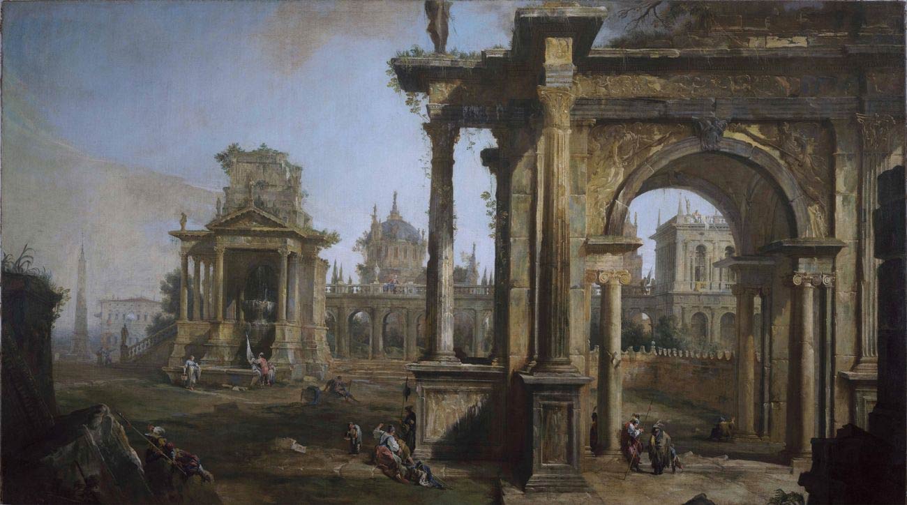 Canaletto, Capriccio con architetture (già a Noventa Padovana, Villa Giovanelli; 1723; olio su tela, 178 x 322 cm; Collezione privata)
