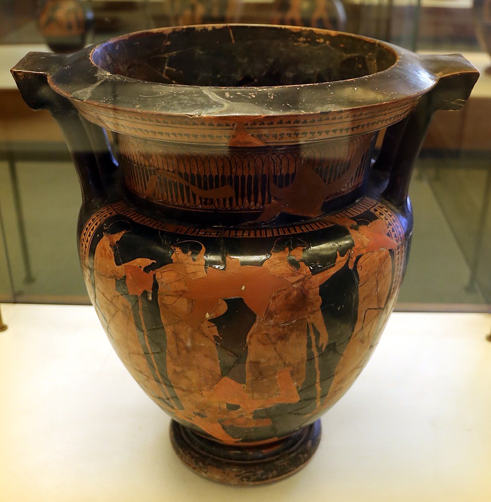 Pittore del frutteto, Cratere con scene di corteggiamento omosessuale (470-450 a.C. circa; ceramica a figure rosse; Tarquinia, Museo Archeologico Nazionale) 
