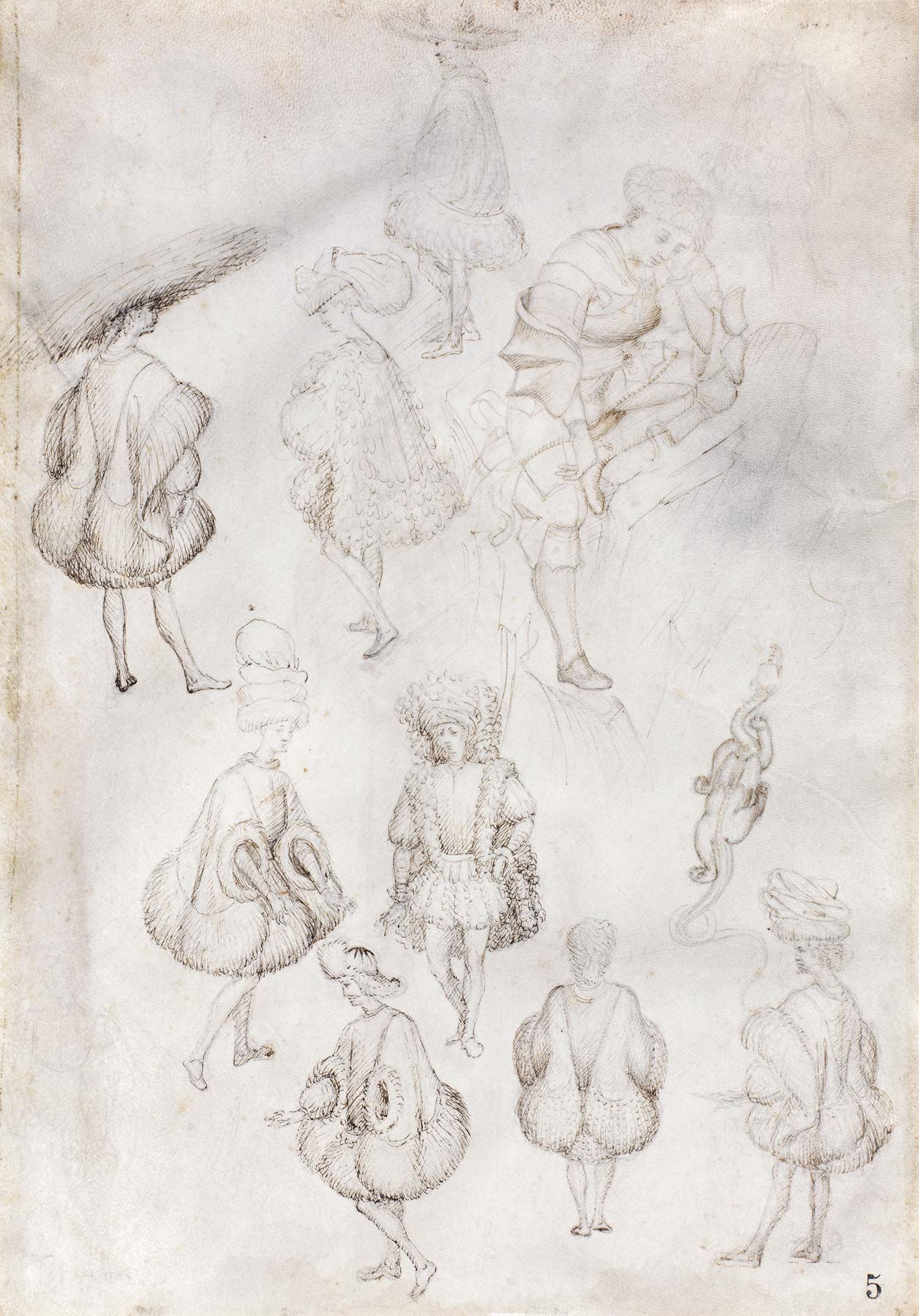 Bottega di Antonio di Puccio detto Pisanello, Studi di figure in abiti contemporanei, un cavaliere seduto su una roccia, un drago (1433 circa; punta metallica e penna su pergamena, 194 x 175 mm; Milano, Biblioteca Ambrosiana) © Veneranda Biblioteca Ambrosiana/Mondadori Portfolio/M.Ranzani 