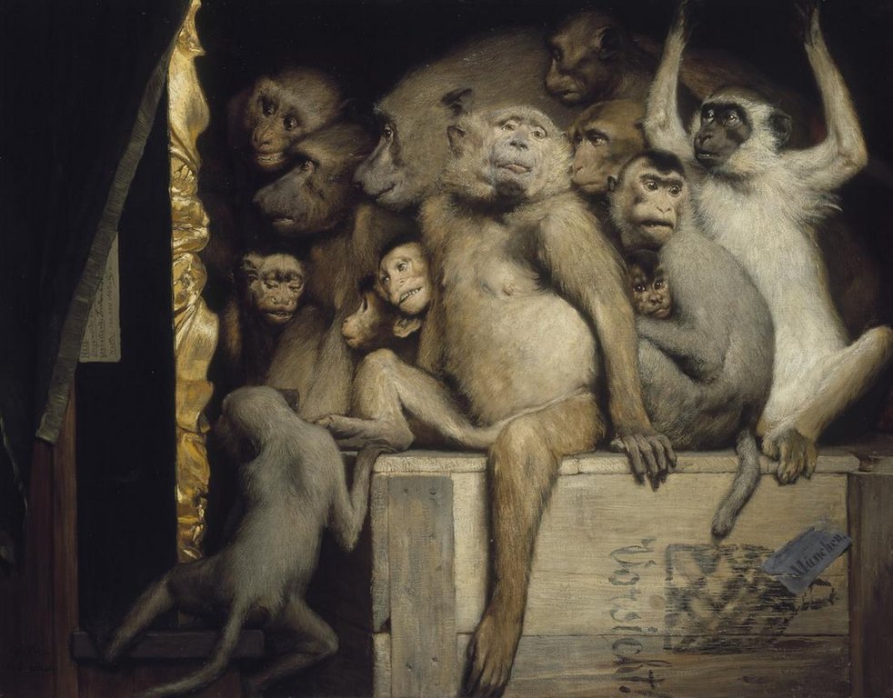 Gabriel von Max, Scimmie come critici d'arte (1889; olio su tela, 85 x 107 cm; Monaco di Baviera, Neue Pinakothek)
