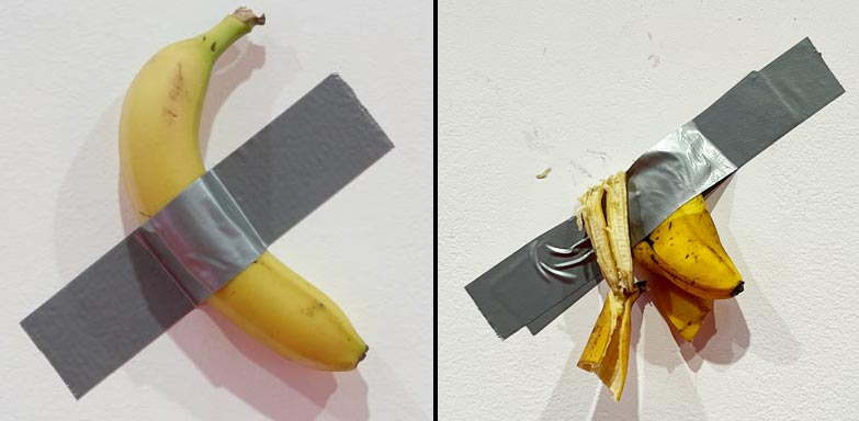 Seul, uno studente mangia la banana di Cattelan alla mostra, e attacca la  buccia al muro